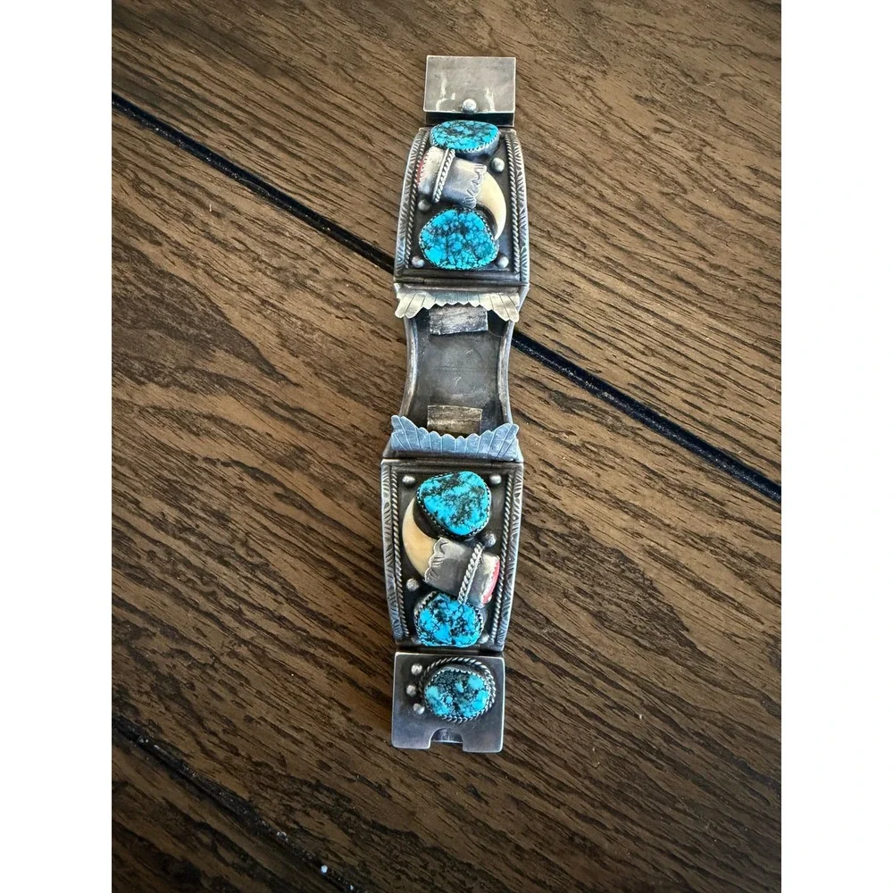Vintage Navajo Sterling Silver Turquoise CoralClaw Watch Cuff Bracelet signed